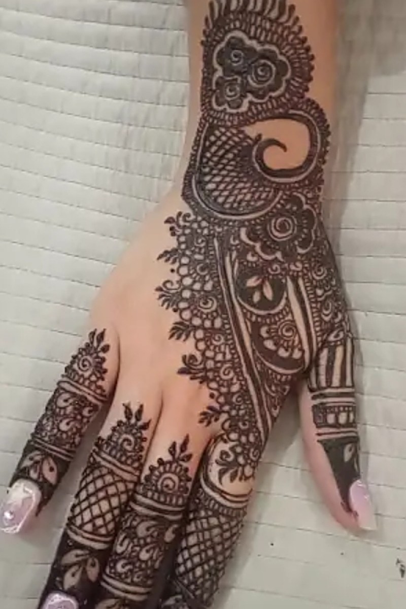 Nikkah mehndi design with paisley and net pattern on the hand